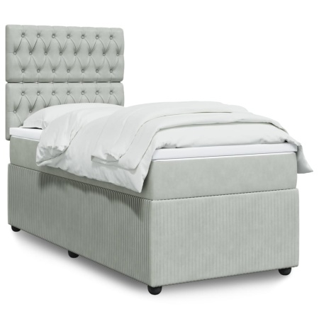 Pat box spring cu saltea, gri deschis, 90x190 cm, catifea