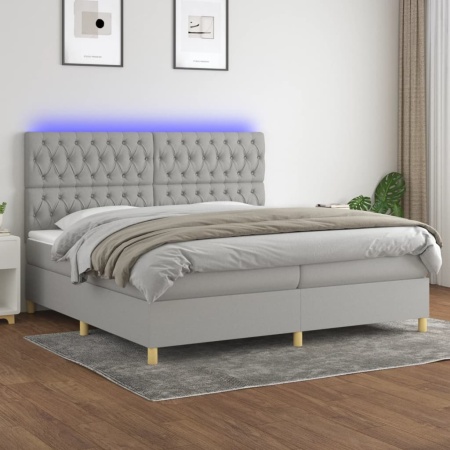 Pat cu arcuri, saltea și LED, gri deschis, 200x200 cm, textil