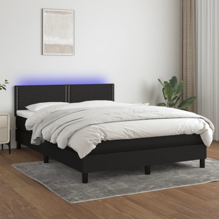Pat cu arcuri, saltea și LED, negru, 140x190 cm, textil - Img 1
