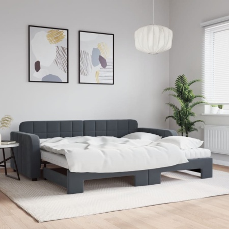 Pat de zi cu extensie și saltele, gri închis 90x200 cm catifea