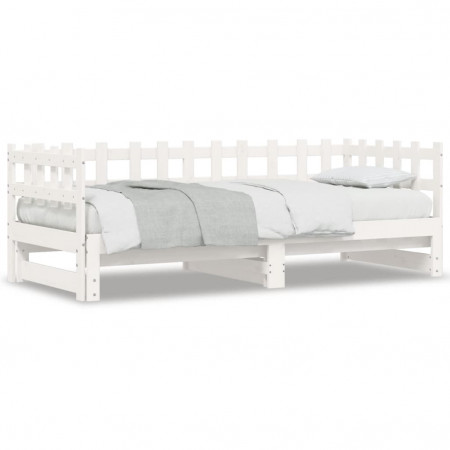 Pat de zi extensibil, alb, 2x(90x200) cm, lemn masiv de pin