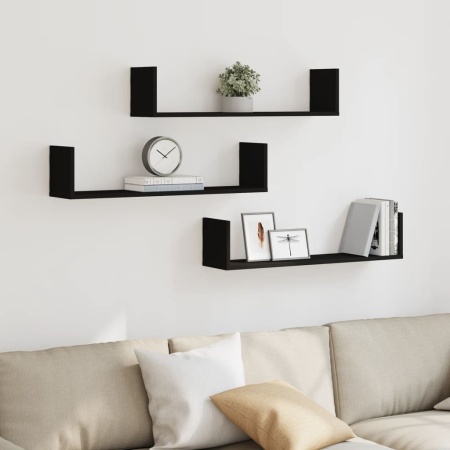 Rafturi de perete, 3 buc., negru, 80x18x18 cm, lemn prelucrat