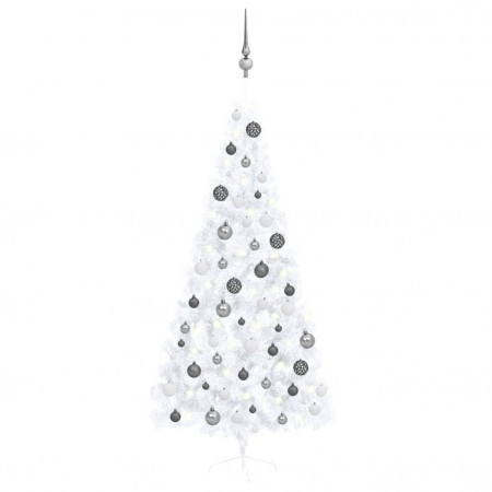 Set brad Crăciun artificial jumătate cu LED&globuri alb 210 cm