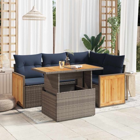 Set canapea de grădină cu perne, 5 piese, poliratan/lemn acacia - Img 1