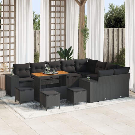 Set canapea grădină cu perne Negru Poliratan Acacia, Set dining grădină cu 4 piese cu perne Negru Poliratan Acacia