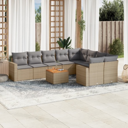 Set canapele de grădină, 10 piese, cu perne, bej, poliratan