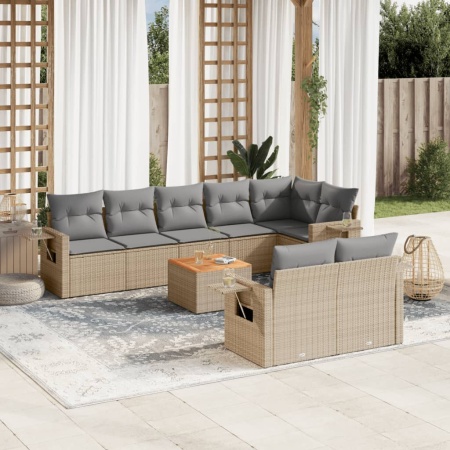Set canapele de grădină, 9 piese, cu perne, bej, poliratan