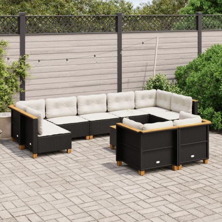 Set canapele de grădină cu perne, 10 piese, negru, poliratan
