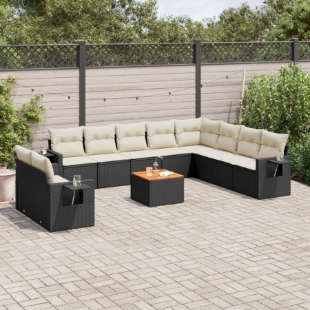 Set canapele de grădină cu perne, 11 piese, negru, poliratan