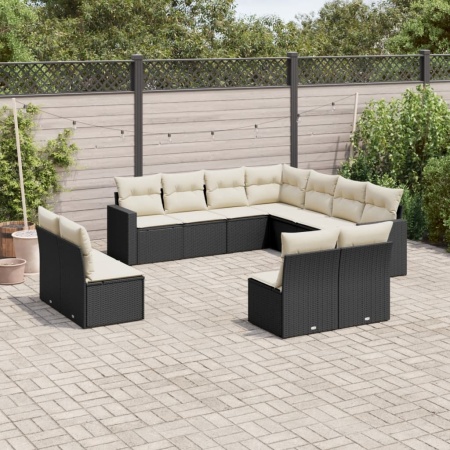 Set canapele de grădină cu perne, 11 piese, negru, poliratan