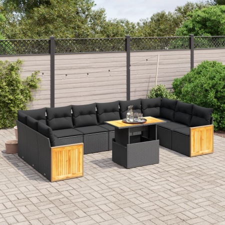 Set canapele de grădină cu perne, 11 piese, negru, poliratan