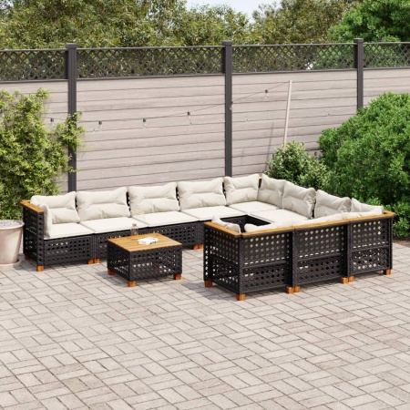 Set canapele de grădină cu perne, 11 piese, negru, poliratan
