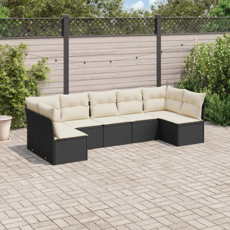 Set canapele de grădină cu perne, 7 piese, negru, poliratan