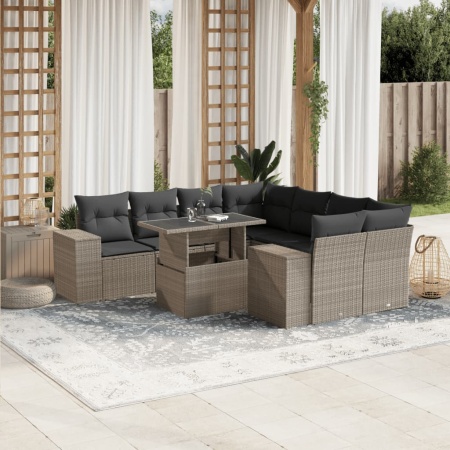 Set canapele de grădină cu perne, 9 piese gri deschis poliratan