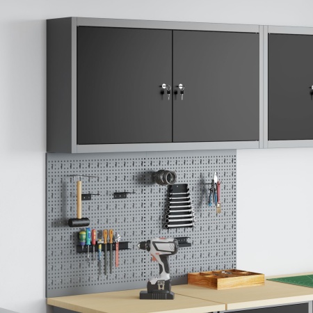 Set de cabinet pentru unelte și panou cu cârlige 3 piese montat pe perete din metal negru