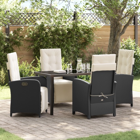 Set de dining în grădină cu 5 piese și perne din rattan poli negru, Masă de grădină neagră 140x80x73 cm din sticlă securizată - Img 1