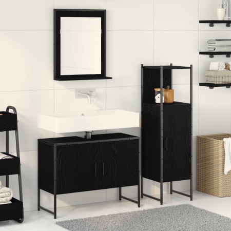 Set de Mobilier pentru Baie 3 Piese Negru Stejar Lemn Prelucrat