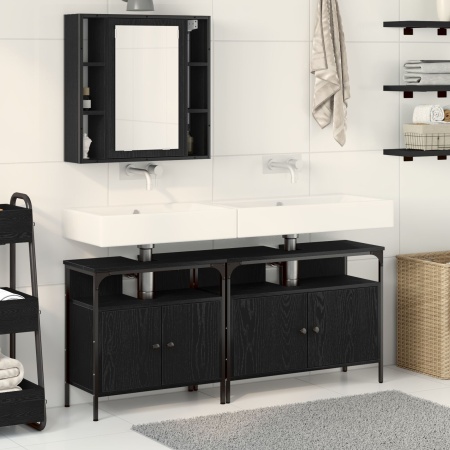 Set de mobilier pentru baie din 3 piese, lemn ingineresc, stejar negru