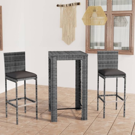 Set mobilier bar de exterior cu perne, 3 piese, gri, poliratan - Img 1