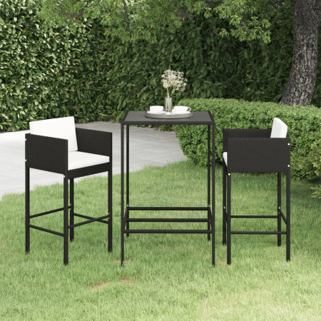 Set mobilier bar de grădină cu perne, 3 piese, negru, poliratan