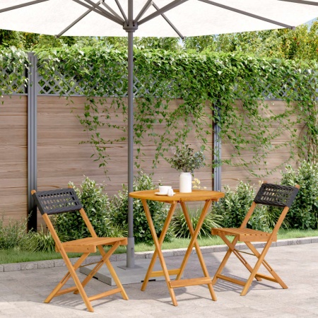 Set mobilier bistro, 3 piese, negru, poliratan și lemn masiv