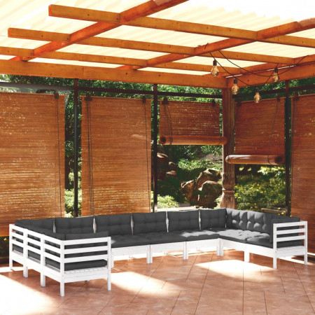 Set mobilier de grădină cu perne, 10 piese, alb, lemn masiv pin