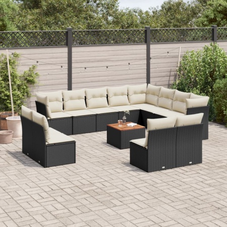 Set mobilier de grădină cu perne, 13 piese, negru, poliratan