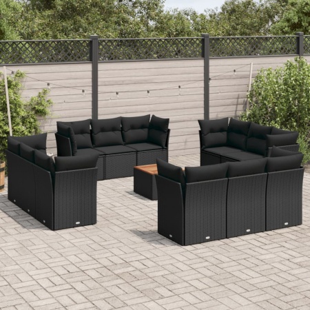 Set mobilier de grădină cu perne, 13 piese, negru, poliratan