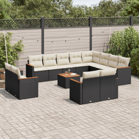 Set mobilier de grădină cu perne, 13 piese, negru, poliratan