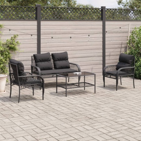 Set mobilier de grădină cu perne, 4 piese, negru, poliratan