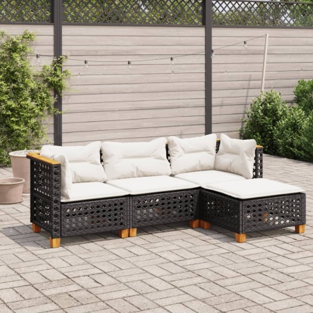 Set mobilier de grădină cu perne, 4 piese, negru, poliratan