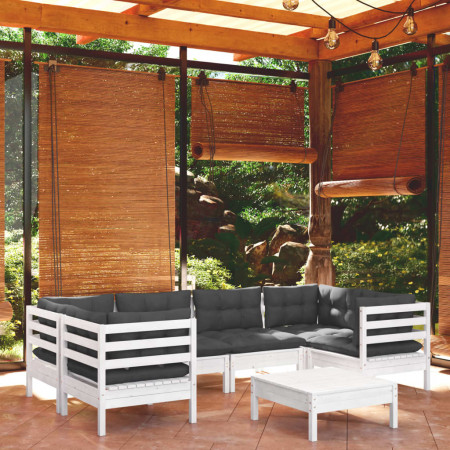 Set mobilier de grădină cu perne, 7 piese, alb, lemn masiv pin