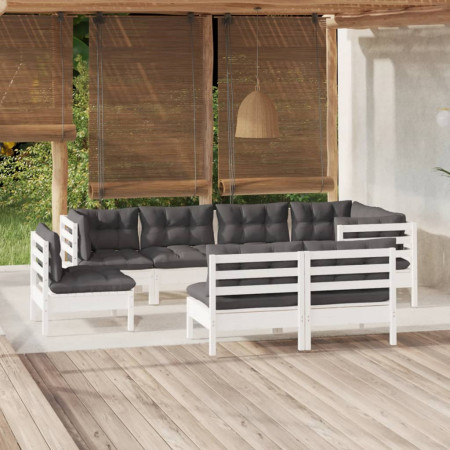 Set mobilier de grădină cu perne, 8 piese, alb, lemn masiv pin