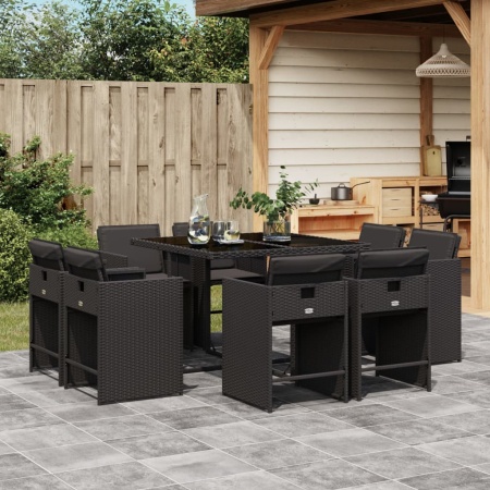 Set mobilier de grădină cu perne, 9 piese, negru, poliratan