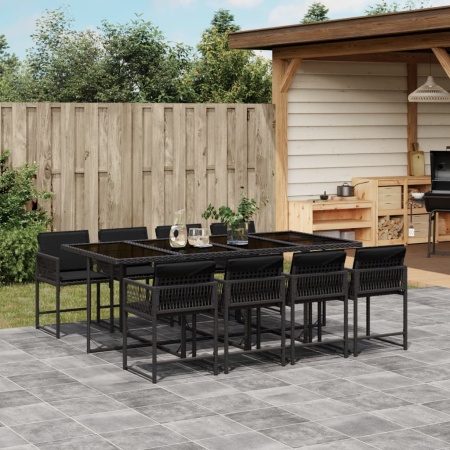 Set mobilier de grădină cu perne, 9 piese, negru, poliratan