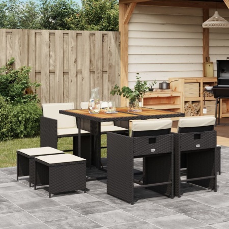 Set mobilier de grădină cu perne, 9 piese, negru, poliratan