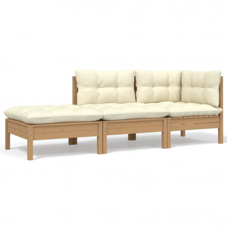 Set mobilier de grădină cu perne crem, 3 piese, lemn masiv pin