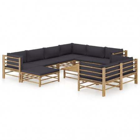 Set mobilier de grădină cu perne gri închis, 10 piese, bambus