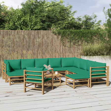 Set mobilier de grădină cu perne verzi, 12 piese, bambus