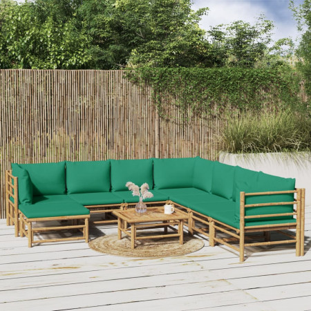 Set mobilier de grădină cu perne verzi, 9 piese, bambus - Img 1