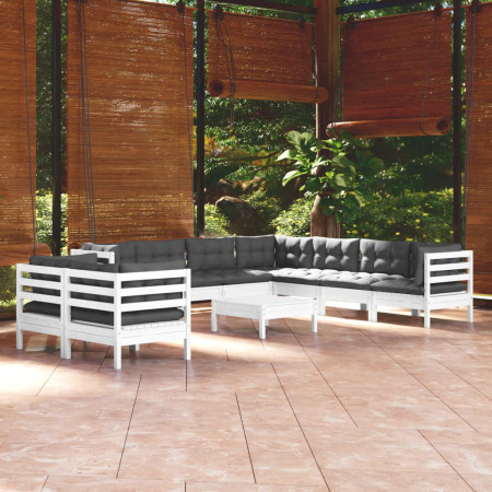 Set mobilier grădină cu perne, 10 piese, alb, lemn masiv pin
