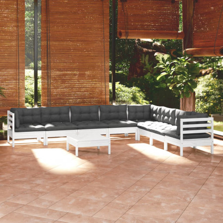 Set mobilier grădină cu perne, 9 piese, alb, lemn masiv pin