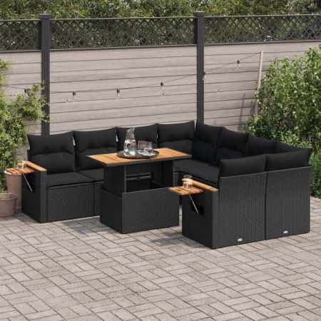 Set mobilier grădină perne 9 piese negru poliratan/lemn acacia