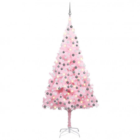 Set pom Crăciun artificial LED-uri&amp;globuri, roz, 240 cm, PVC - Img 1