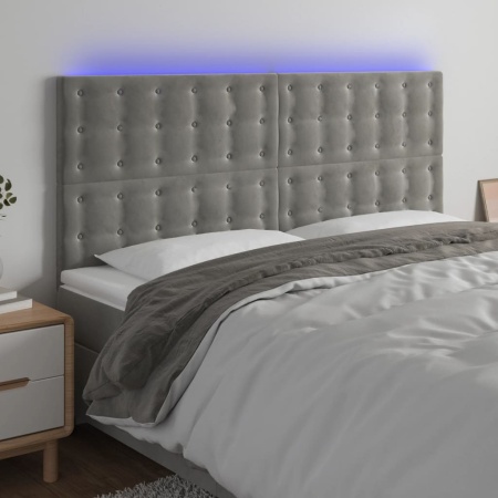 Tăblie de pat cu LED, gri deschis, 200x5x118/128 cm, catifea