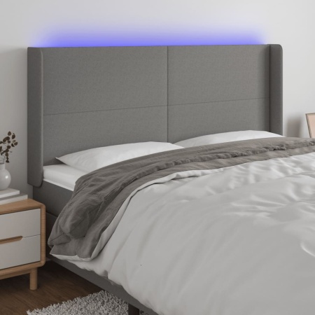 Tăblie de pat cu LED, gri închis, 163x16x118/128 cm, textil