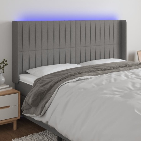 Tăblie de pat cu LED, gri închis, 203x16x118/128 cm, textil