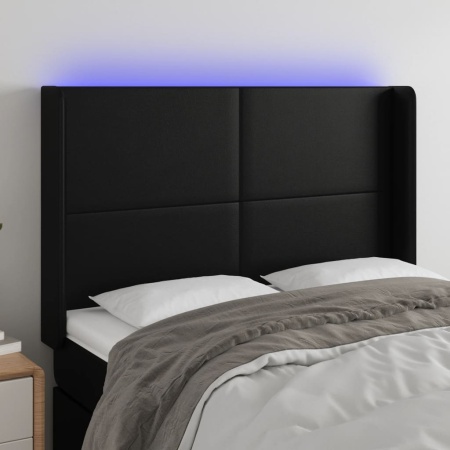 Tăblie de pat cu LED, negru, 147x16x118/128 cm, piele ecologică