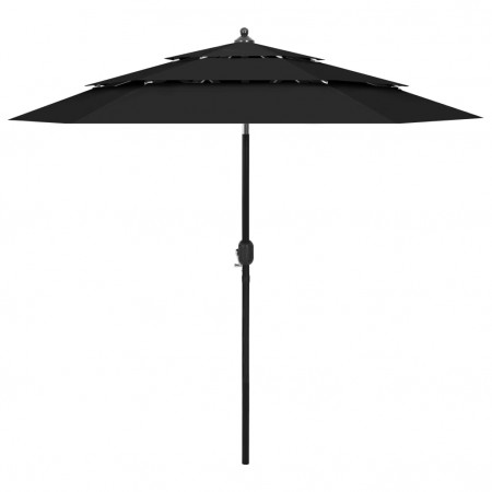 Umbrelă de soare 3 niveluri, stâlp de aluminiu, negru, 2,5 m - Img 1