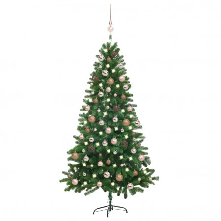 Brad Crăciun pre-iluminat artificial set globuri, verde, 180 cm - Img 1